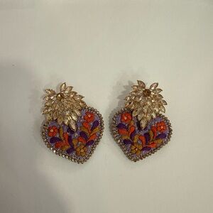 Handmade Embroidered Purple Heart Floral Earrings with Gold Crystal Accents